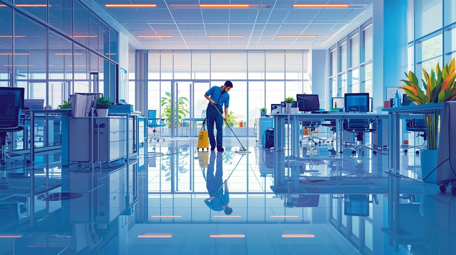 A professional cleaning service meticulously cleaning a modern office space in Berlin, showcasing a bright and tidy environment with organized workspaces and gleaming surfaces, digital art